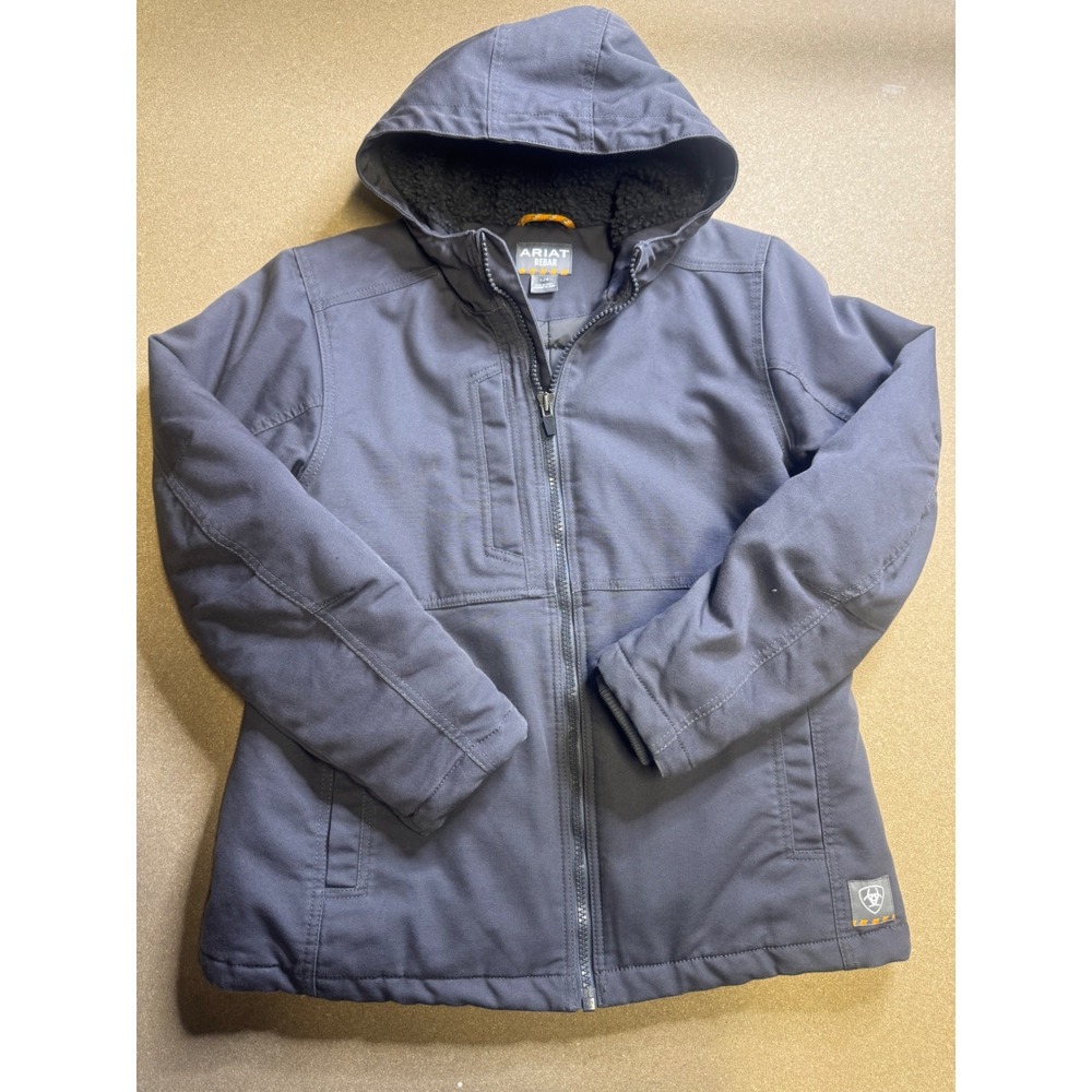 Ariat Rebar Mens Gray Canvas Hooded‎ Work Jacket Sherpa Lined Quilted Large L/G